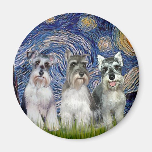 Aimant Schnauzers (trois) - Nuit étoilée (Devant)