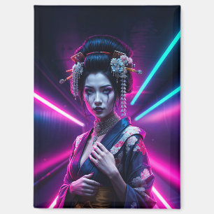 Aimant Schöne Geisha Puzzle mit Neon Hintergrund – Elegan