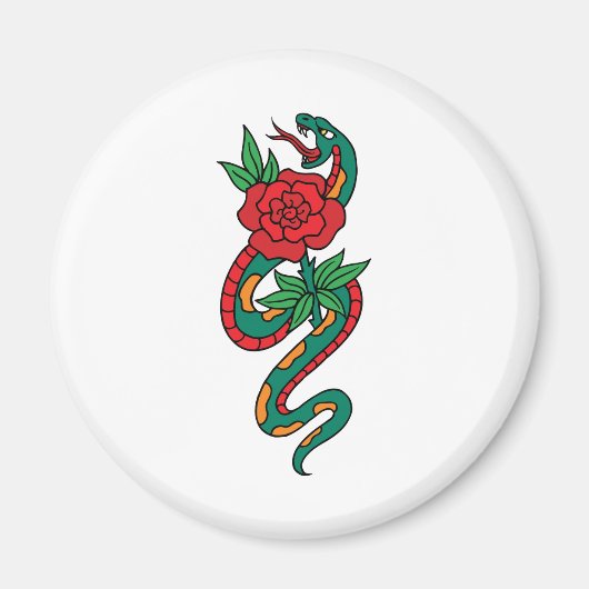 Aimant Serpent enveloppé autour d'un tatouage rose rouge (Devant)