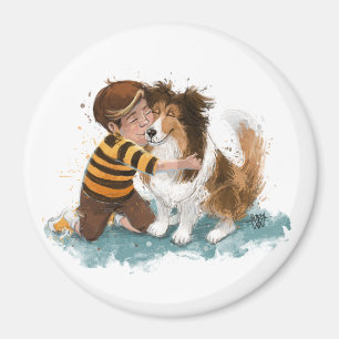 Aimant Sheltie and Boy Dog Hug