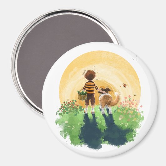 Aimant Sheltie Dog and Boy Walk in Sunset (Recto/Verso)