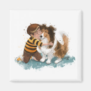 Aimant Sheltie et garçon câlinent