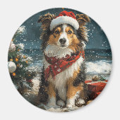Aimant Shetland Sheepdog Christmas Plage Vintage (Devant)
