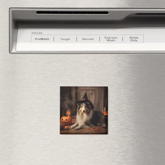 Aimant Shetland Sheepdog Citrouille Halloween effrayant (In Situ (Lave-vaisselle))