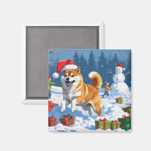 Aimant Shiba Inu courant dans la neige avec un chapeau de