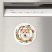 Aimant Shiba Inu Festive de la couronne de Noël Coupe (In Situ (Lave-vaisselle))