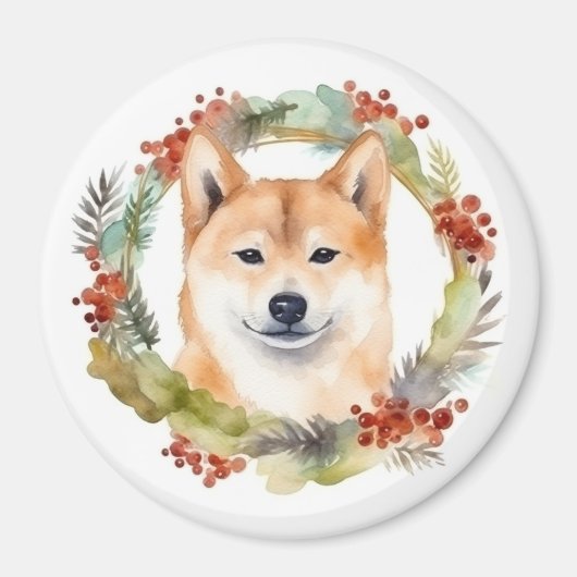 Aimant Shiba Inu Festive de la couronne de Noël Coupe (Devant)