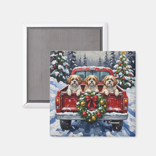 Aimant Shih Tzu Christmas Red Truck Holiday (Recto/Verso)