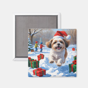 Aimant Shih Tzu courant dans la neige avec un chapeau de