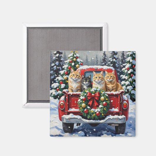 Aimant Siberian Cat Christmas Red Truck Holiday (Recto/Verso)