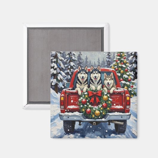 Aimant Siberian Husky Christmas Red Truck Holiday (Recto/Verso)