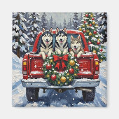Aimant Siberian Husky Christmas Red Truck Holiday (Devant)