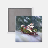 Aimant Sibérien Husky neige de Noël hiver (Recto/Verso)