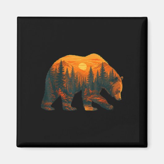 Aimant Silhouette d'ours avec paysage forestier et couche (Devant)