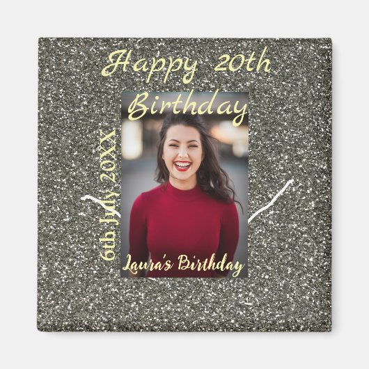 Aimant Silverglitter photo 20e anniversaire ajouter nom d (Devant)