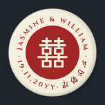 Aimant Simple Cercle Double Bonheur Mariage chinois<br><div class="desc">Simple minimaliste rouge/ivoire crème beige blanc rond/cercle double bonheur sur une crème ivoire beige blanc/rouge arrière - plan mariage chinois favoriser cadeau / enregistrer la date aimant. Ce design présente un double symbole moderne de bonheur en écriture minimaliste chinoise dans un cadre en cercle simple sur une crème d'ivoire blanc...</div>