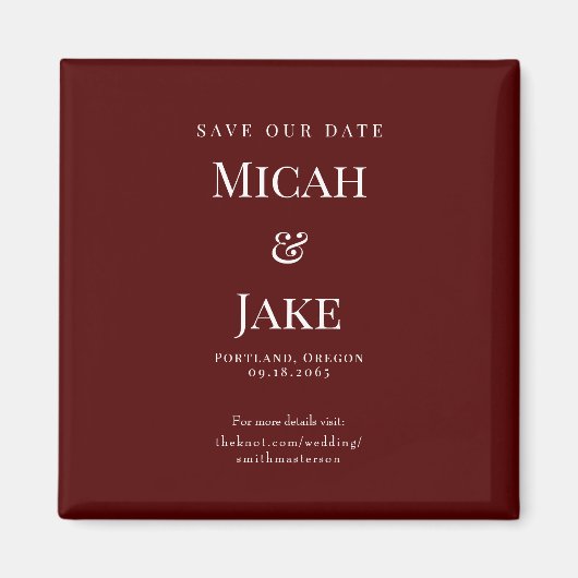 Aimant Simple Maroon & Mariage blanc Sauvez notre date (Devant)