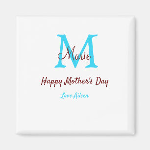 Aimant simple minimum jour mère bleu monogramme rose nom