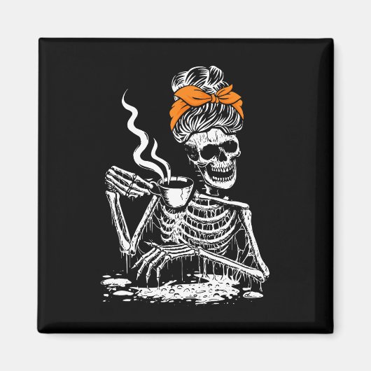 Aimant Skeleton Messy Bun Café Boire Halloween Costu (Devant)