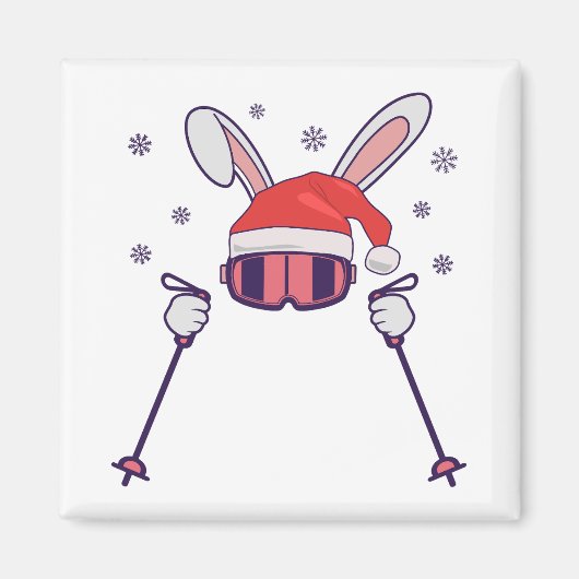 Aimant Ski Père Noël Rabbit avec Santa Hat et bâtons de s (Devant)