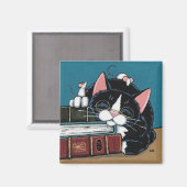 Aimant Sleeping Bookworm Tuxedo Chat et peinture de souri (Recto/Verso)