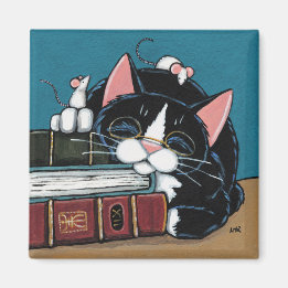Aimant Sleeping Bookworm Tuxedo Chat et peinture de souri