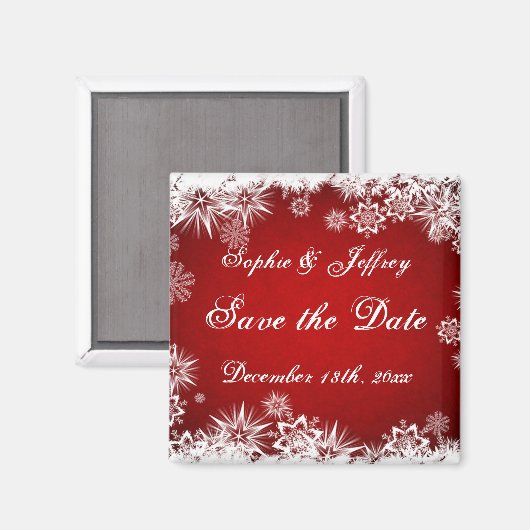 Aimant Snowflakes sur rouge Enregistrer l'aimant Date (Recto/Verso)