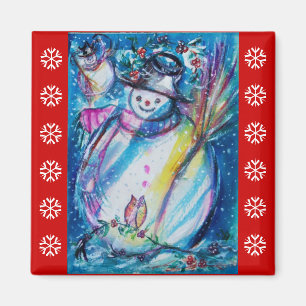 Aimant SNOWMAN AVEC OWL / Red White Snowflakes
