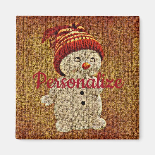 Aimant Snowman sur burlap mignon hiver rustique (Devant)