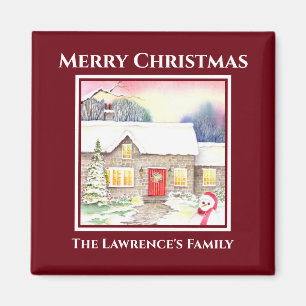 Aimant Snowy Cottage Watercolor Painting Square Red Frame