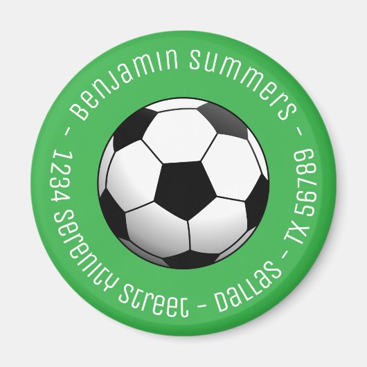 Aimant Soccer Football Ball on Green Custom Text (Devant)