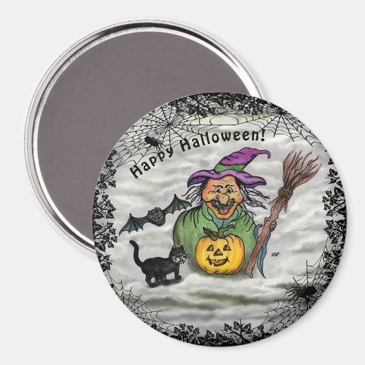 Aimant Sorcière, Chat, Chauve-souris et Citrouille, Bonne (Recto/Verso)