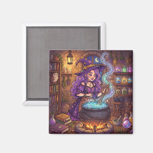 Aimant Sorcière de dessin animé faisant une potion d'amou