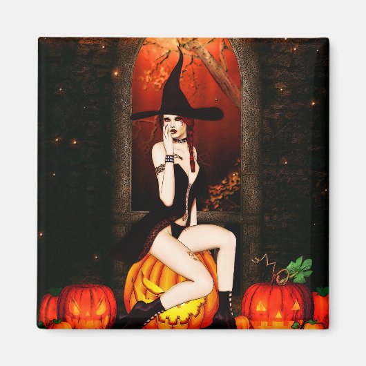 Aimant Sorcière d'Halloween et citrouille (Devant)