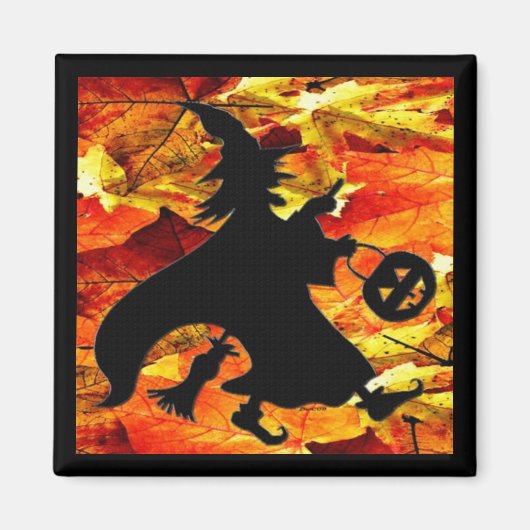 Aimant Sorcière d'Halloween et feuilles d'automne (Devant)