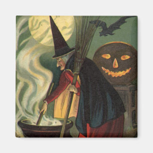 Aimant Sorcière d'Halloween vintage remuant le chaudron m