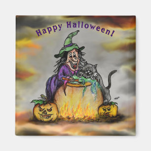 Aimant Sorcière et chat noir, Happy Halloween !