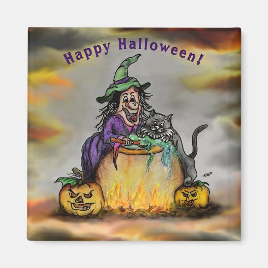 Aimant Sorcière et chat noir, Happy Halloween ! (Devant)