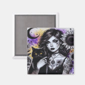 Aimant Sorcière gothique céleste et chat noir (Recto/Verso)