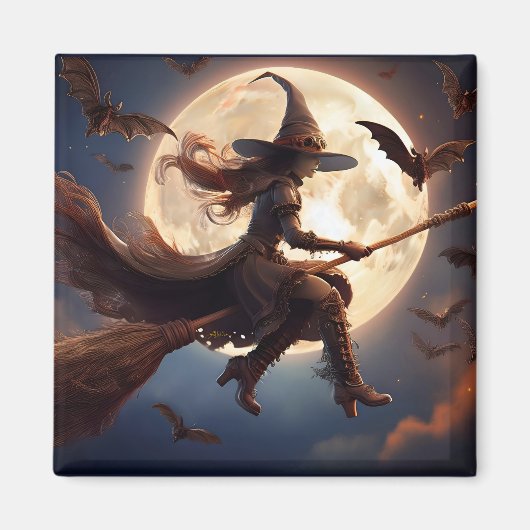 Aimant Sorcière Steampunk Halloween Vol au Clair de Lune (Devant)