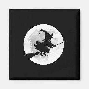 Aimant Sorcière sur balai avec pleine lune design drôle p