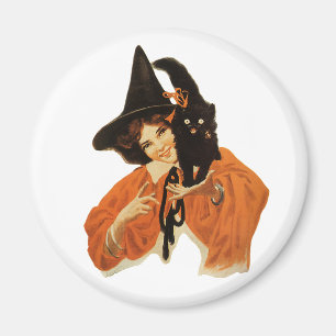 Aimant Sorcière Vintage Magnifique avec Chat Noir sur l'É