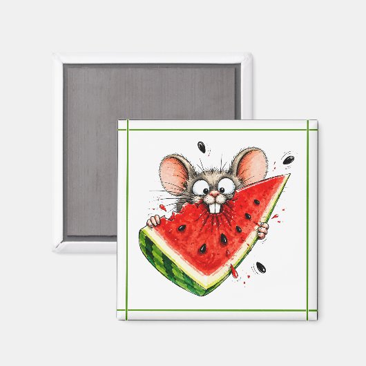 Aimant Souris joyeuse mange pastèque (Recto/Verso)