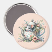 Aimant Souris mignonne en théière florale Illustration (Recto/Verso)