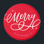 Aimant Sparkly Bubbly Script Merry Holiday<br><div class="desc">Ce joli ornement affiche un message de bienvenue "joyeux" écrit à la main sur le devant et une photo de famille sur le dos. Il coordonne avec les cartes photos de vacances dans la même collection. Merci d'avoir visité mon magasin Zazzle ! N'hésitez pas à contacter DM si vous avez...</div>