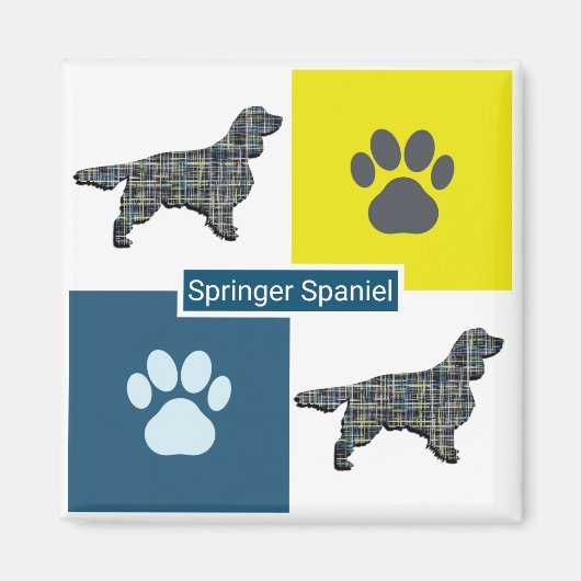 Aimant Springer Spaniel Chien Silhouette et Paw Y&B Grid (Devant)