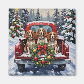 Aimant Springer Spaniel Christmas Red Truck Holiday (Devant)