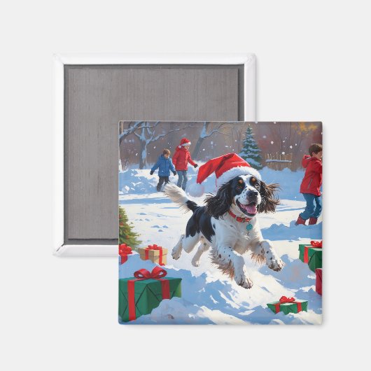 Aimant Springer Spaniel courant dans la neige avec un cha (Recto/Verso)