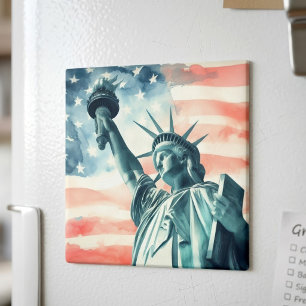 Aimant Statue de la Liberté à l'aquarelle avec drapeau am