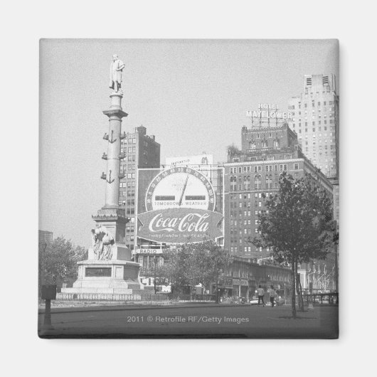 Aimant Statue sur American city carré B&W (Devant)